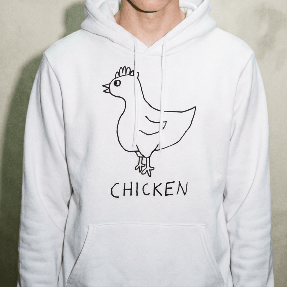 Man wearing a lo-fi Chicken Hoodie