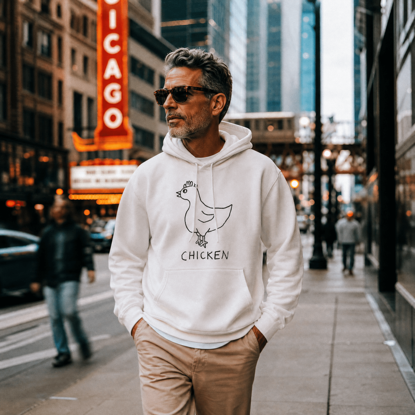 Man walking through a Chicago street wearing a lo-fi Chicken Hoodie