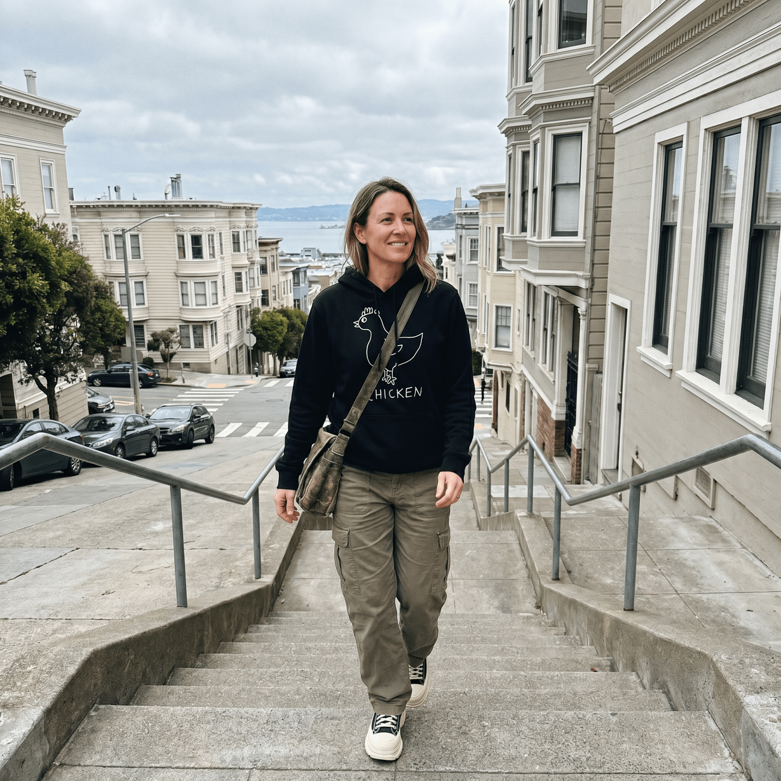 Woman walking up San Francisco stairs wearing a black lo-fi Chicken Hoodie