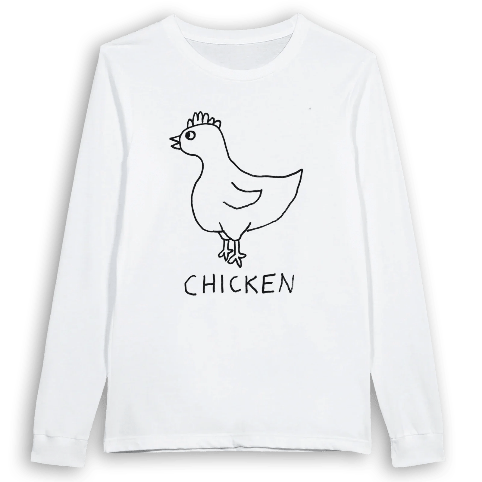 lo-fi Chicken Long Sleeve Tee — hand-drawn chicken graphic on a white long-sleeve t-shirt
