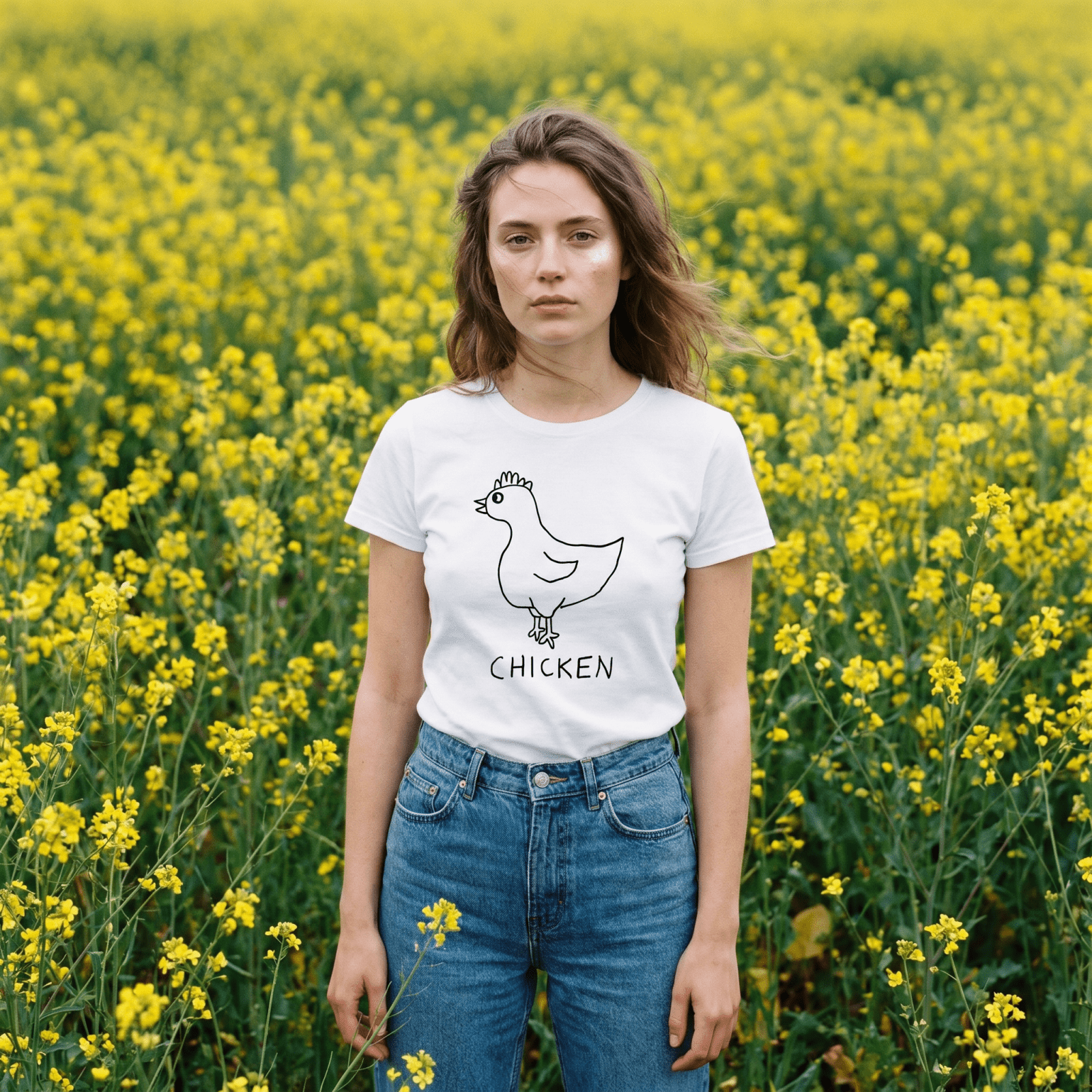 Woman standing in a yellow flower field wearing a lo-fi Chicken V-Neck Tee