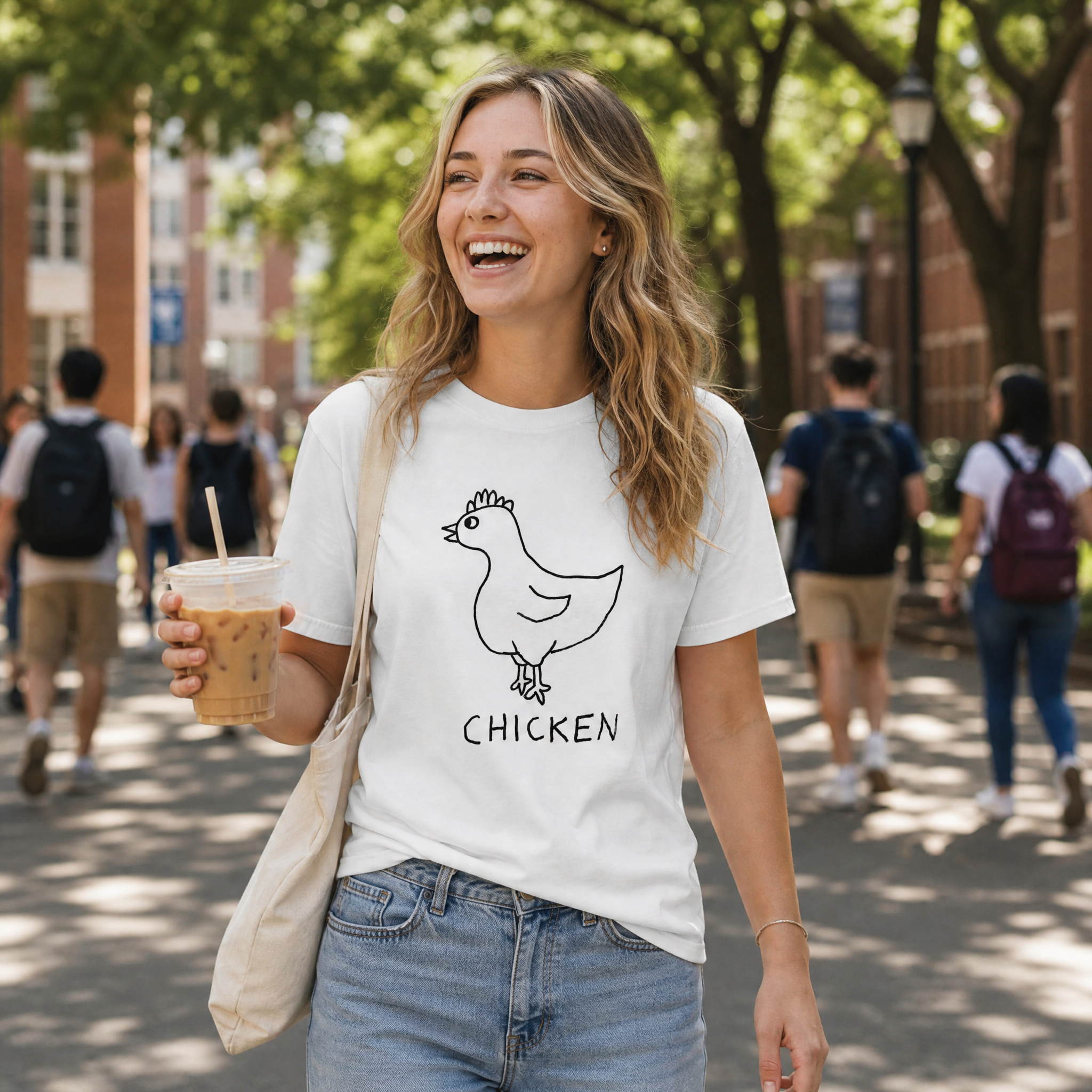 Woman walking through a college campus with iced coffee wearing a lo-fi Chicken Classic Tee