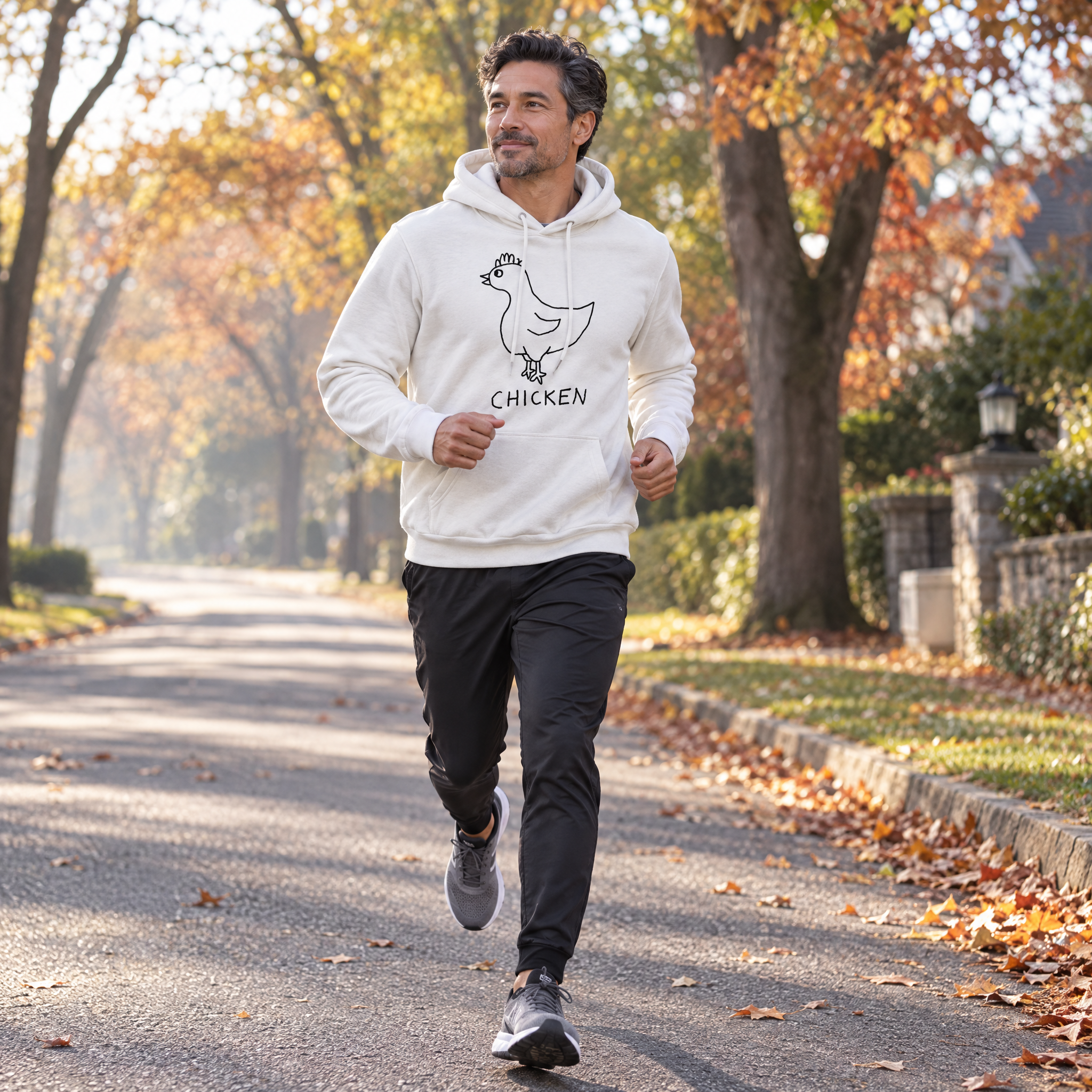 lo-fi Chicken Hoodie — hand-drawn chicken graphic on a white Hoodie flat lay