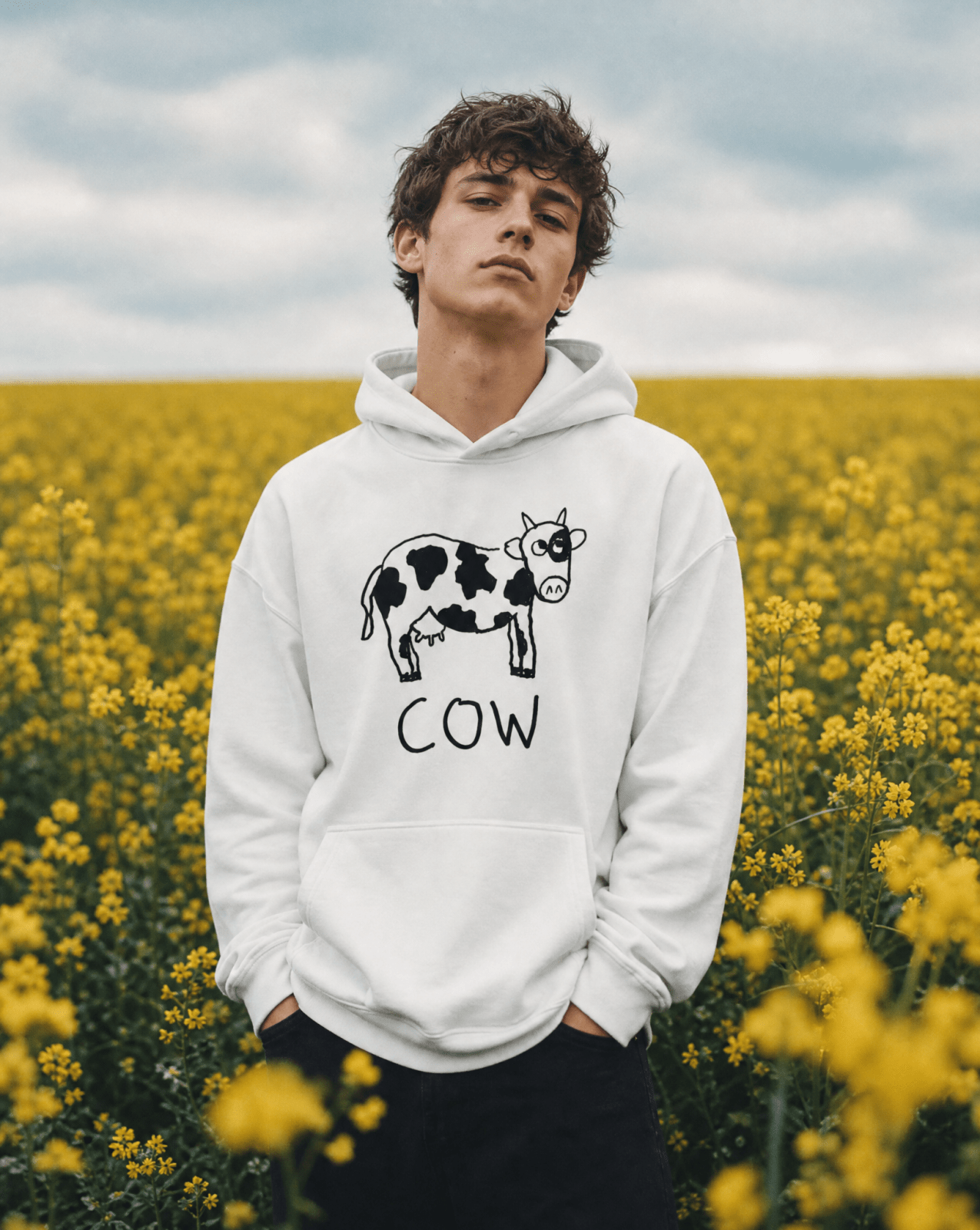 Man in a yellow flower field wearing a lo-fi Cow Hoodie