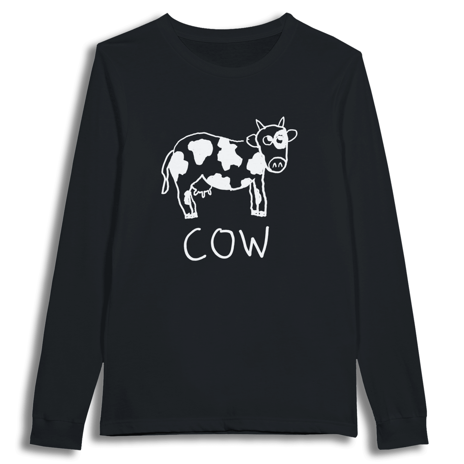 lo-fi Cow Long Sleeve Tee — hand-drawn cow graphic on a white long-sleeve t-shirt