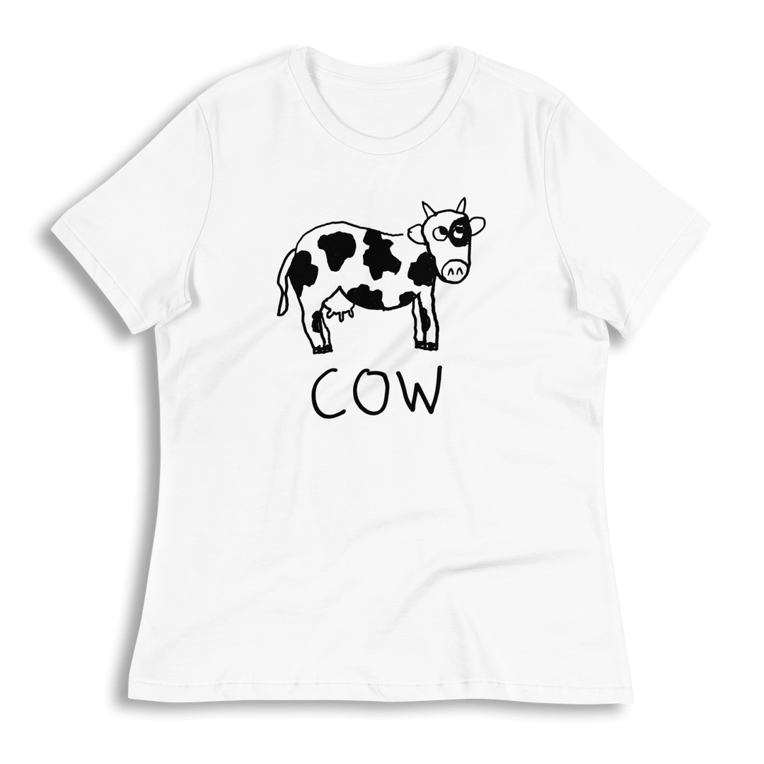 lo-fi Cow Women's Relaxed T-Shirt — hand-drawn cow graphic on a white relaxed-fit tee