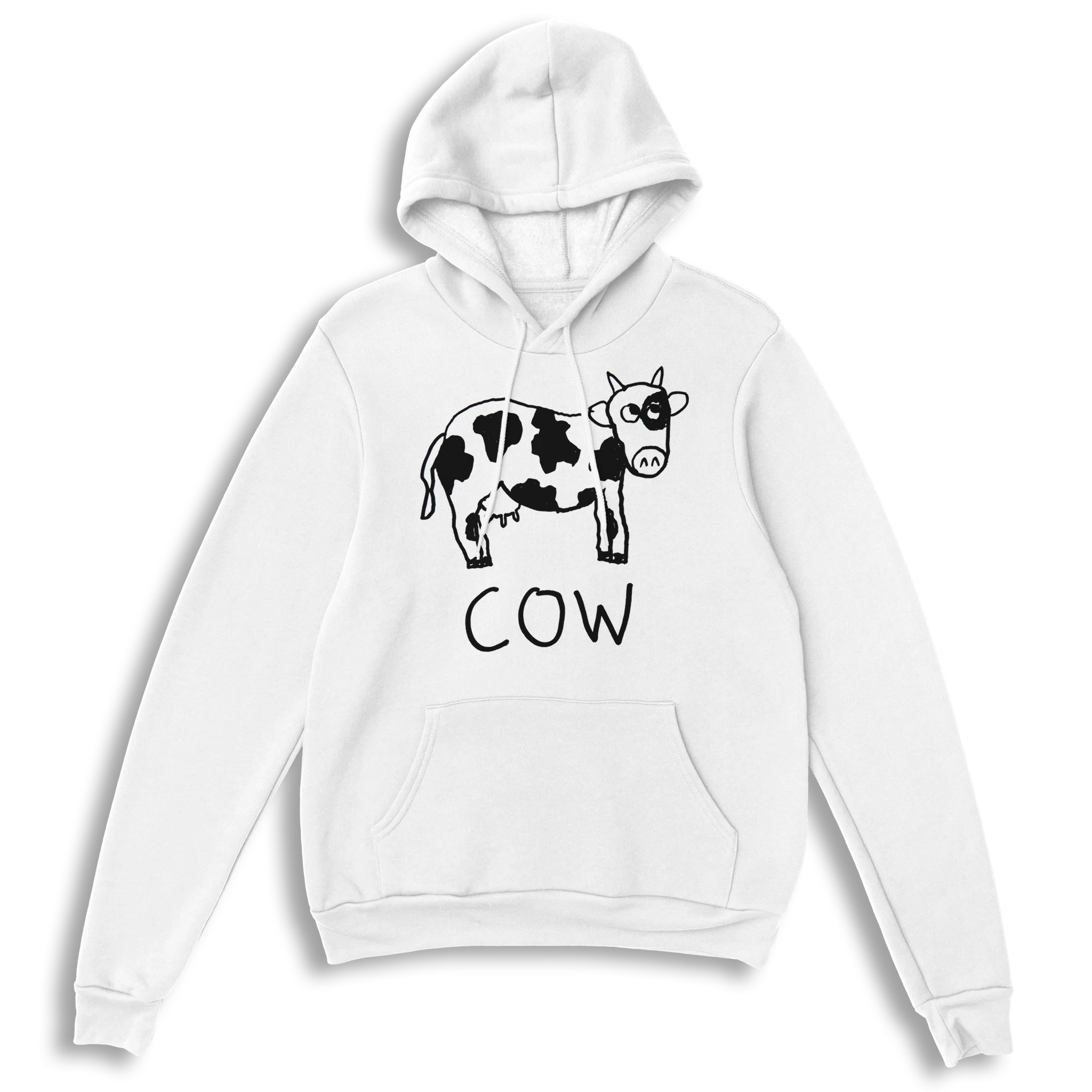 lo-fi Cow Hoodie — hand-drawn cow graphic on a white pullover hoodie