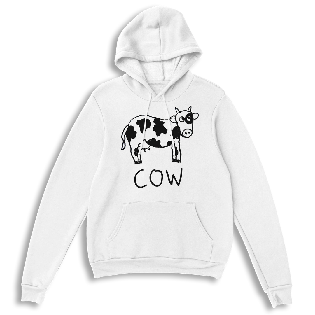 lo-fi Cow Hoodie — hand-drawn cow graphic on a white pullover hoodie