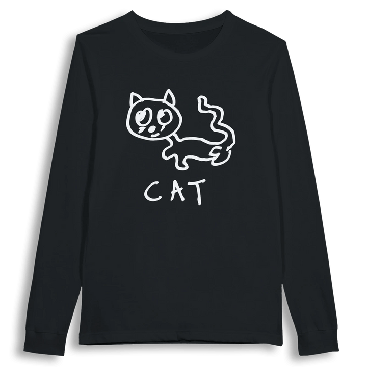 lo-fi Cat Long Sleeve Tee — hand-drawn cat graphic on a white long-sleeve t-shirt