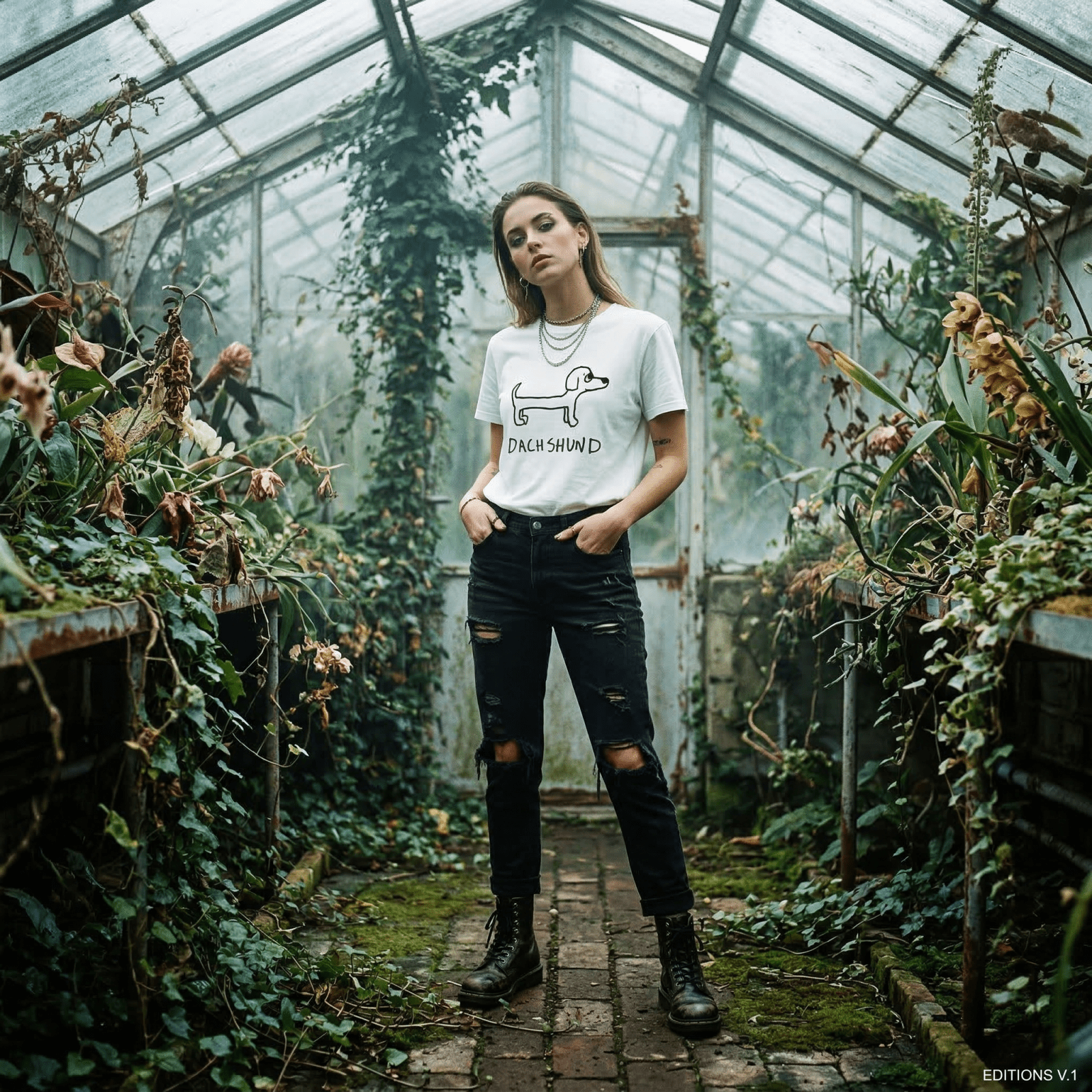 Woman standing in a lush greenhouse wearing a lo-fi Dachshund Classic Tee