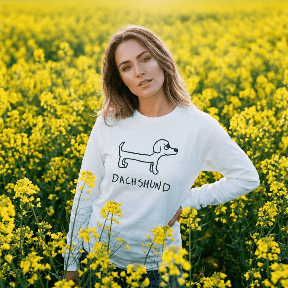lo-fi Dachshund Long Sleeve Tee — hand-drawn dachshund graphic on a white long-sleeve t-shirt