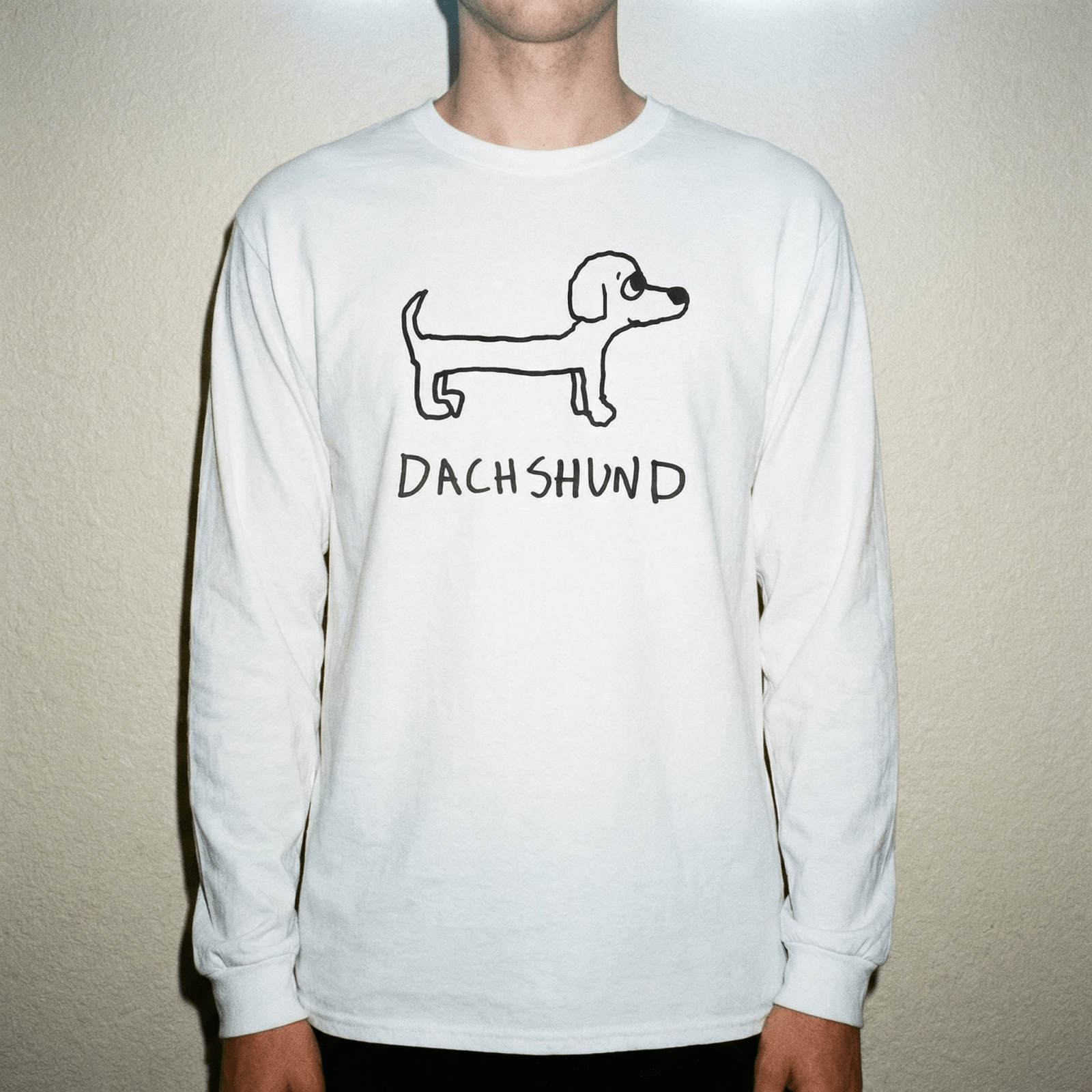 lo-fi Dachshund Long Sleeve Tee — hand-drawn dachshund graphic on a white long-sleeve t-shirt