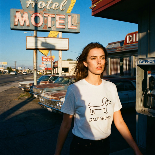 Dachshund classic tee in Americana setting – quirky animal graphic tee