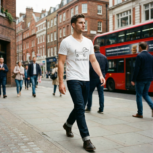 Model in dachshund tee strolling a Soho street, a red double decker bus visible in the background