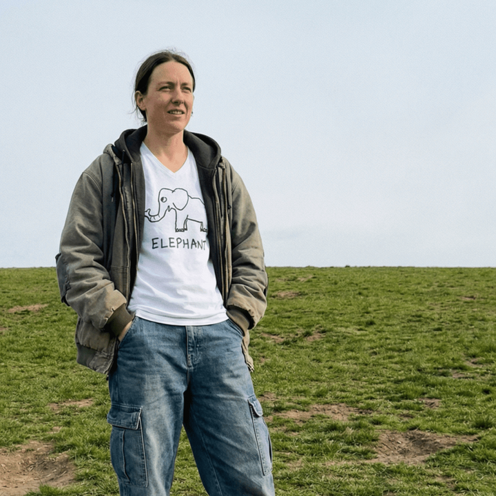 Man standing on a grassy field wearing a lo-fi Elephant V-Neck T-Shirt