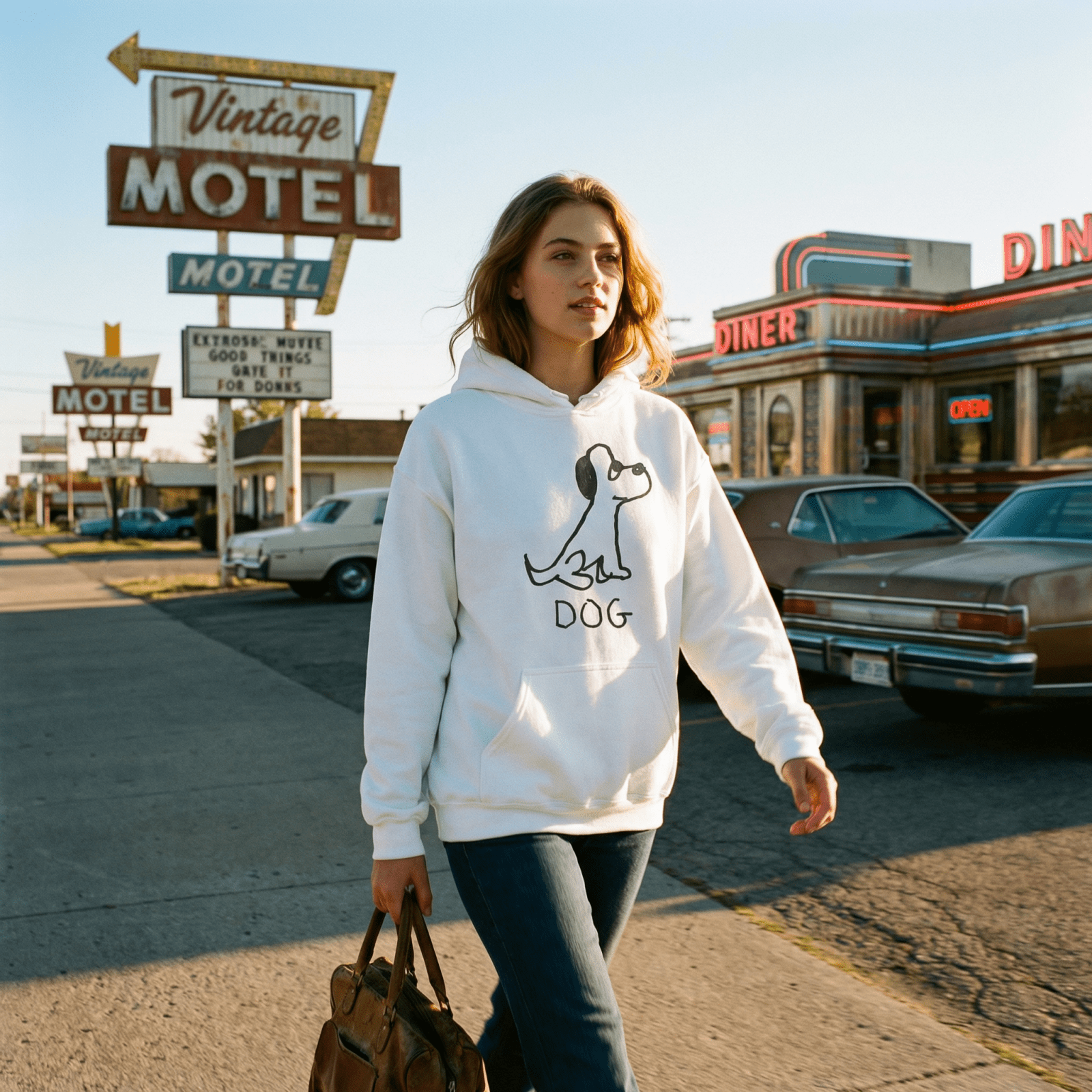 Woman in front of a vintage motel wearing a lo-fi Dog Hoodie