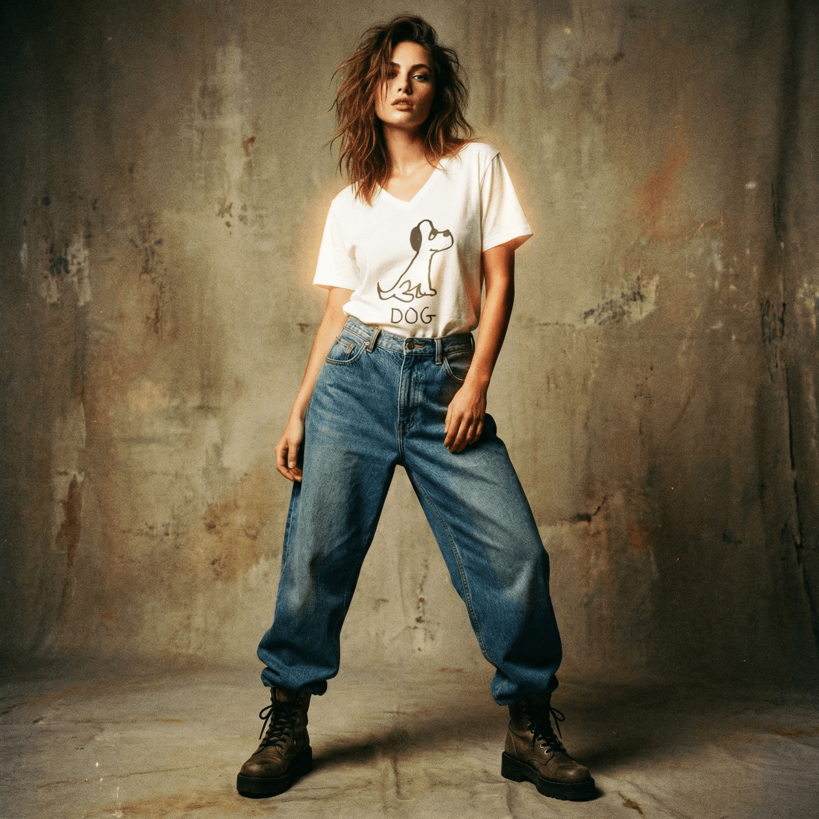 Woman in a studio wearing a lo-fi Dog V-Neck Tee