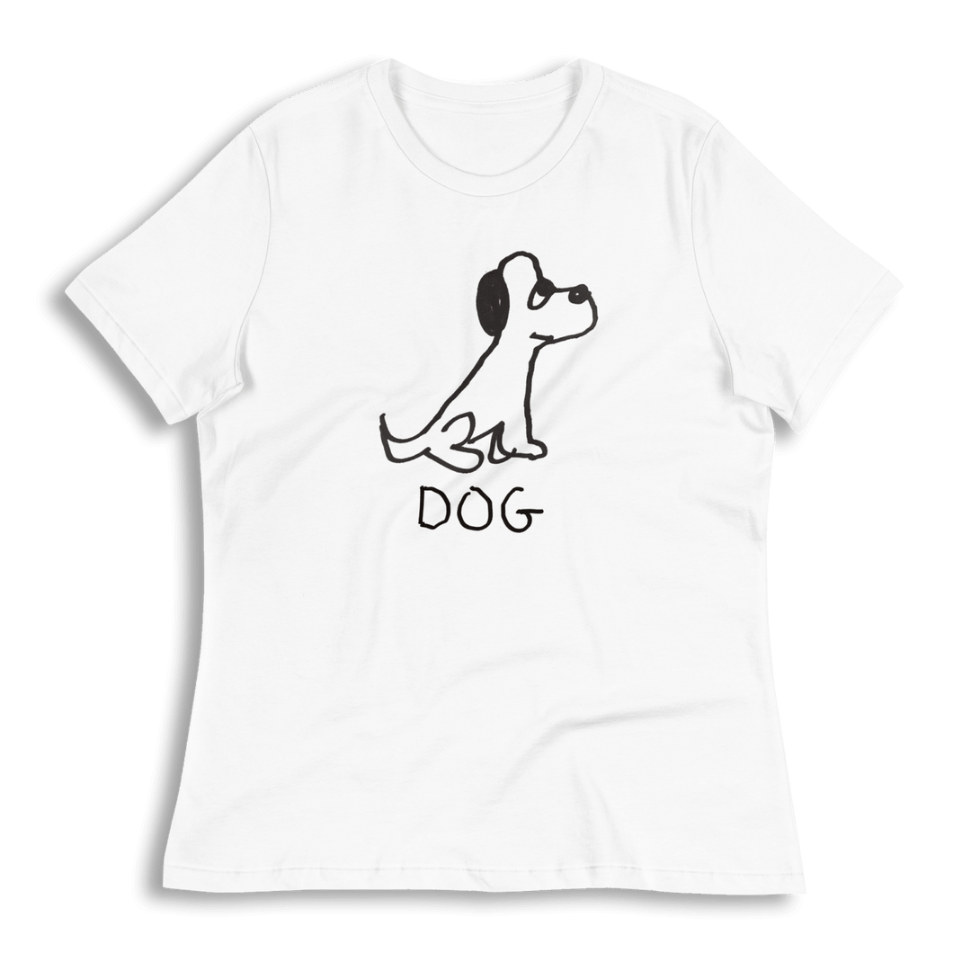 lo-fi Dog Women's Relaxed T-Shirt — hand-drawn dog graphic on a white relaxed-fit tee