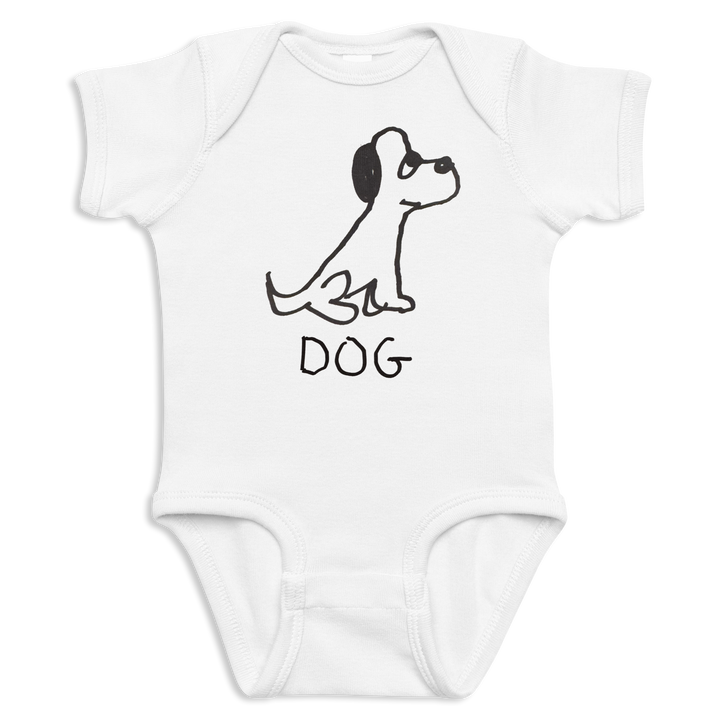 White baby onesie with black dog illustration and &