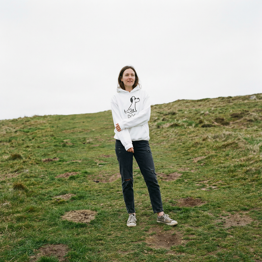 Dog hoodie worn outdoors – minimalist lofi dog hoodie in natural setting