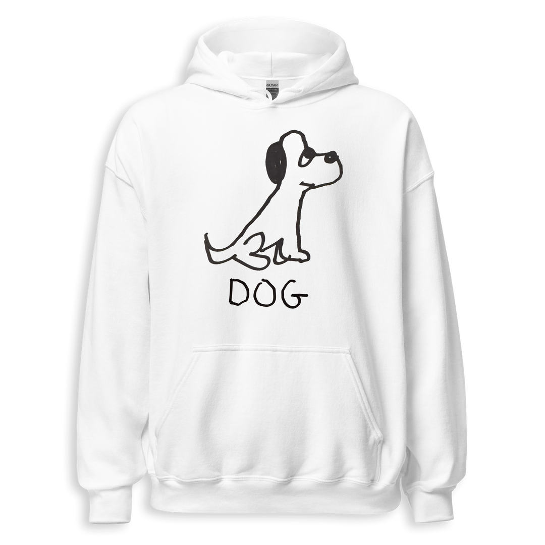 White hoodie with a black dog illustration and 'DOG' text on a white background