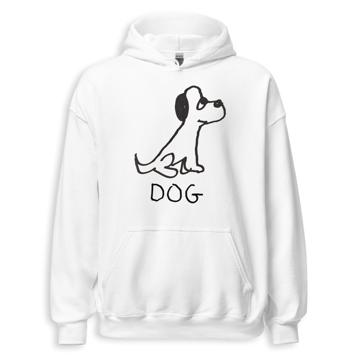 White hoodie with a black dog illustration and &