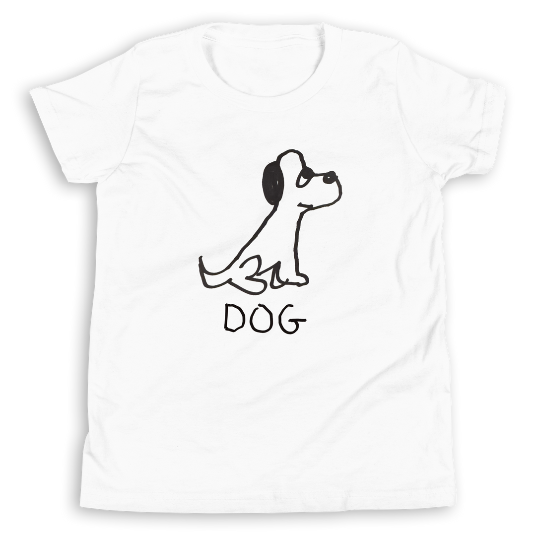 White kids t-shirt with a simple hand drawn dog illustration and 'DOG' text on a white background