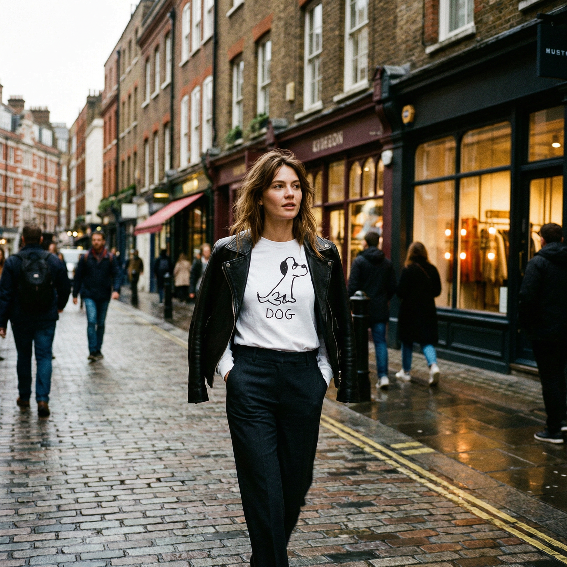 Person in a dog graphic long sleeve walking through a busy Soho street in London