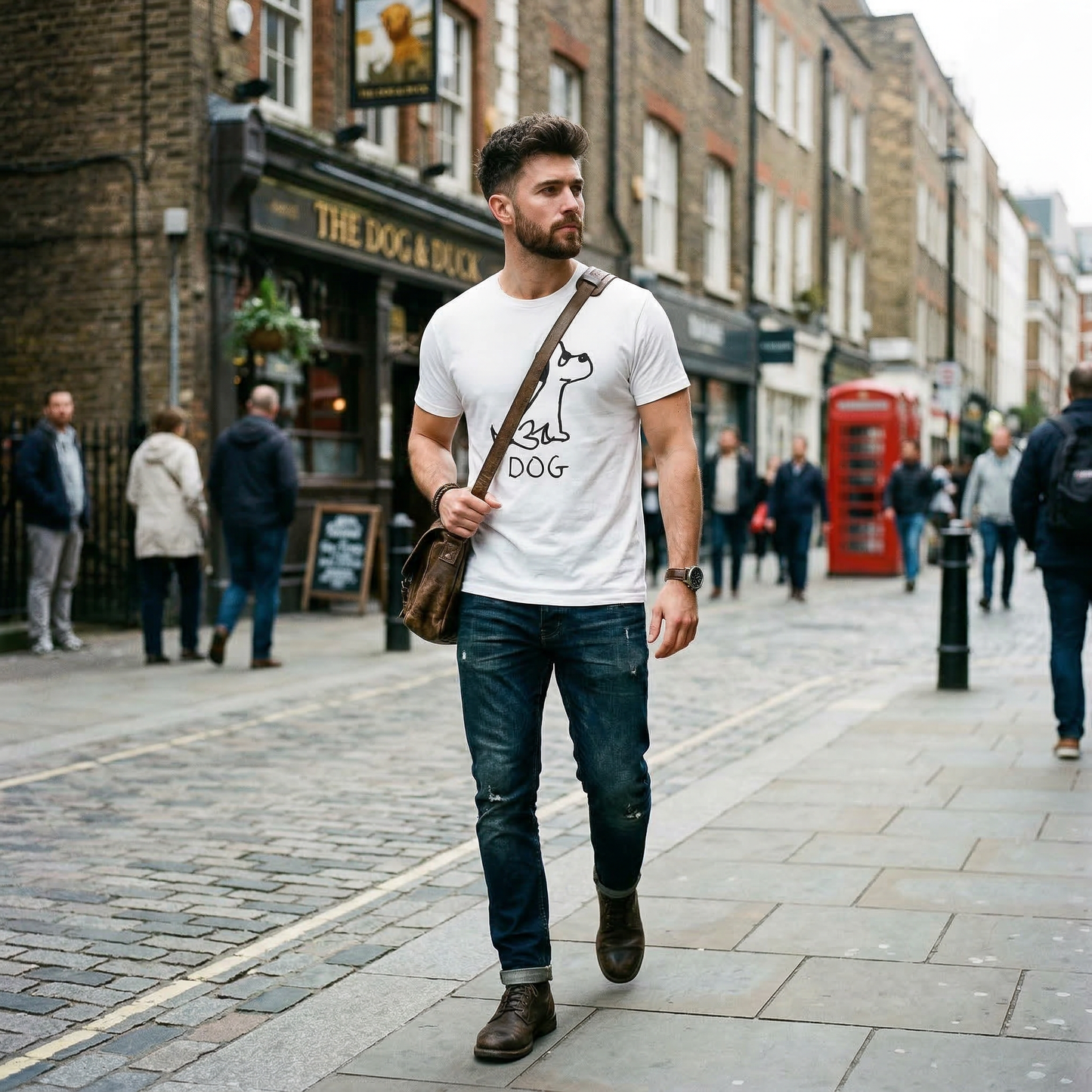 Dog graphic tee worn on city street – lofi animal shirt streetwear style