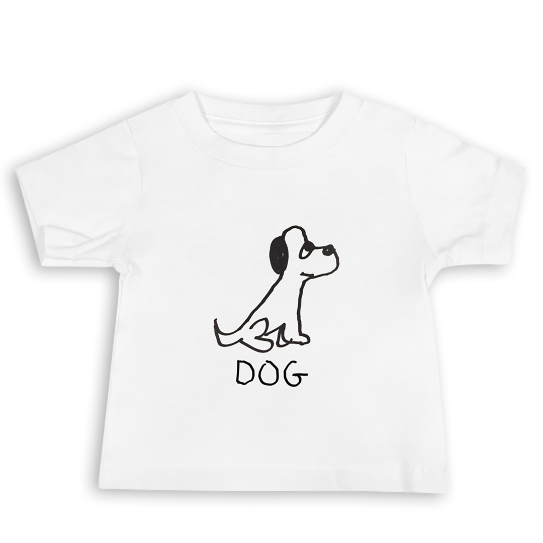 White Baby t-shirt with a black dog illustration and 'DOG' text on a white background