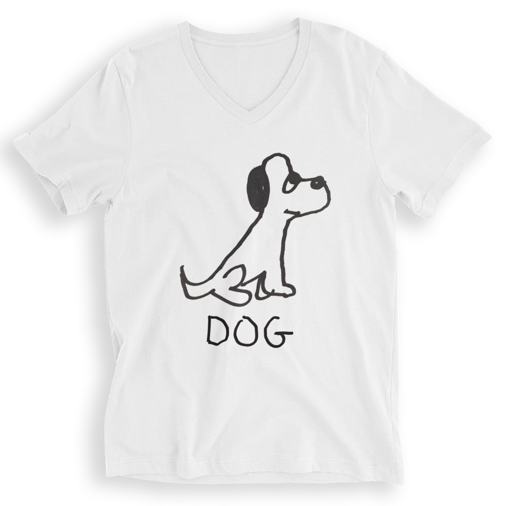 White v-neck t-shirt with a lo-fi hand-drawn dog illustration and 'DOG' text on a white background