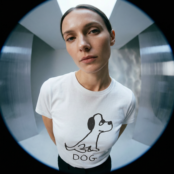 Dog graphic fitted tee fisheye shot – lofi animal shirt close-up