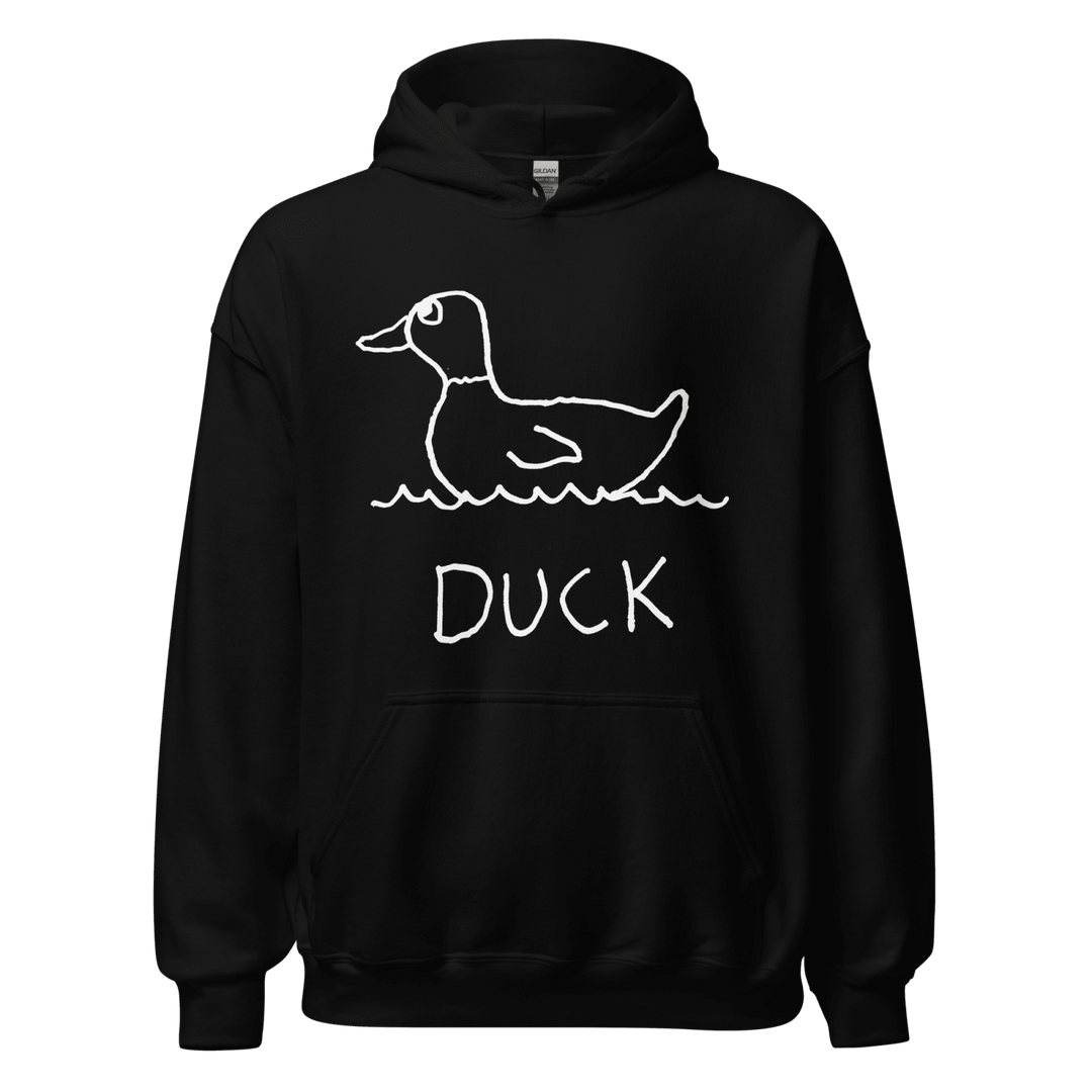 black hoodie sweatshirt  featuring a lo-fi hand-drawn duck graphic and text "DUCK" on a beige background