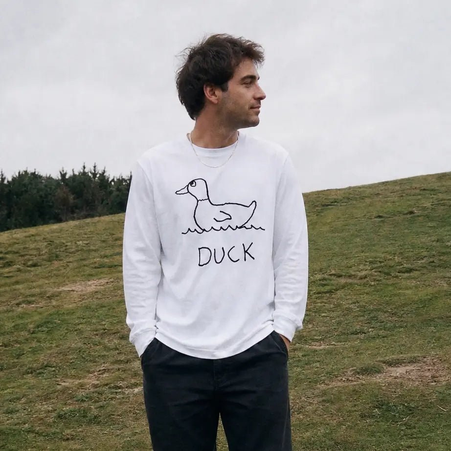 lo-fi Duck Long Sleeve Tee — hand-drawn duck graphic on a white long-sleeve t-shirt