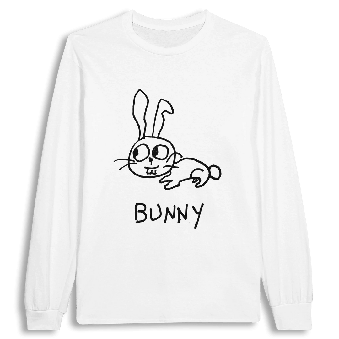lo-fi Bunny Long Sleeve Tee — hand-drawn bunny graphic on a white long-sleeve t-shirt