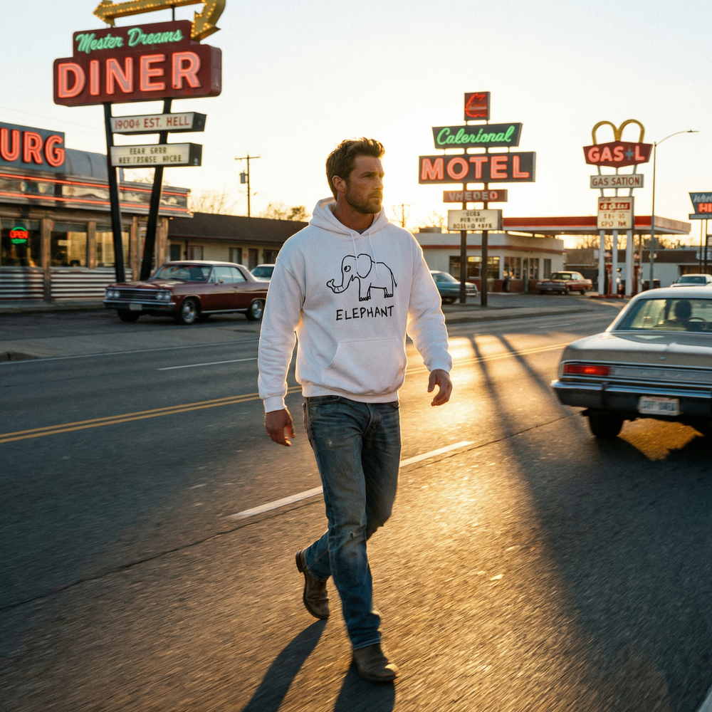 Elephant hoodie in Americana setting – quirky animal graphic hoodie