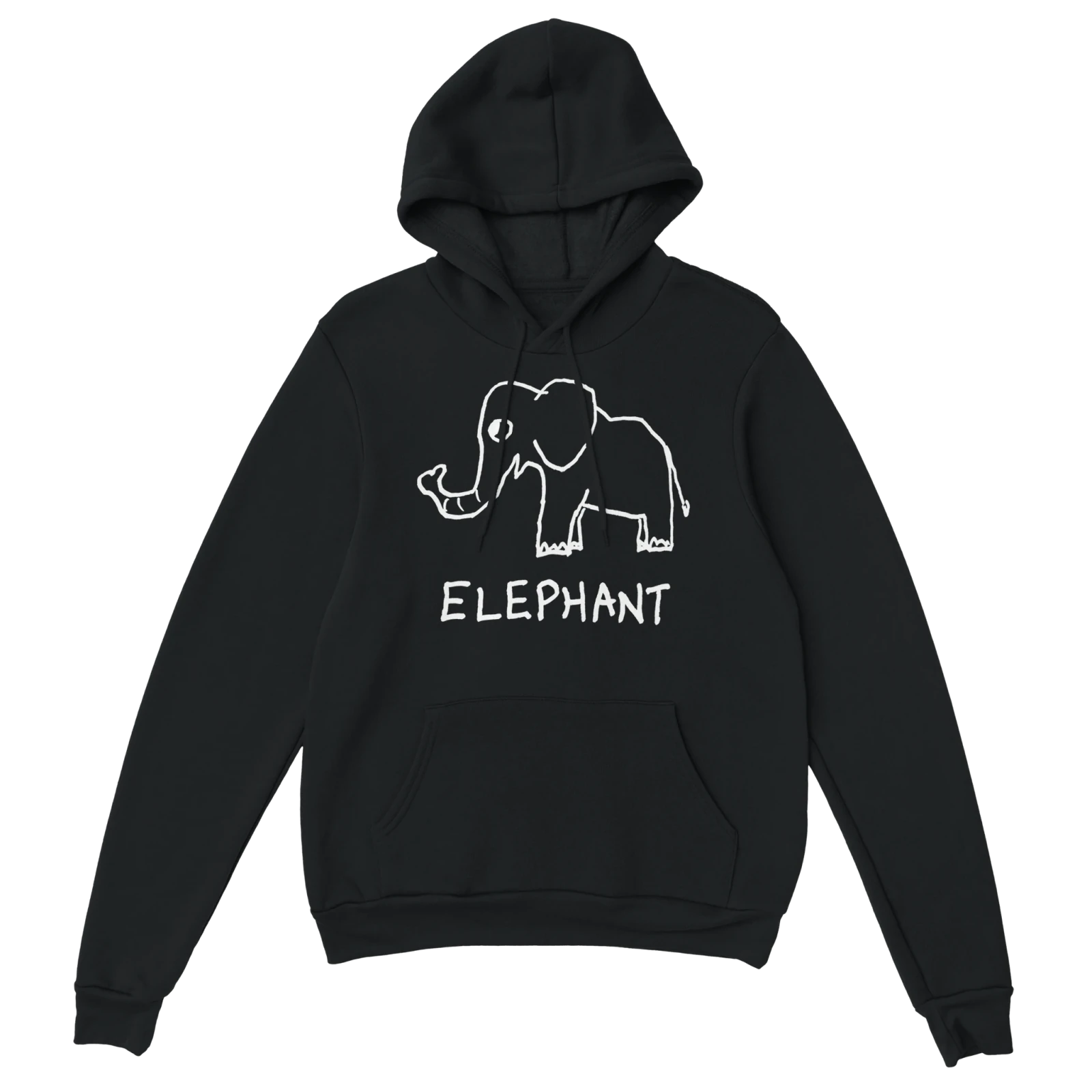 lo-fi Elephant Hoodie — hand-drawn elephant graphic on a black pullover hoodie