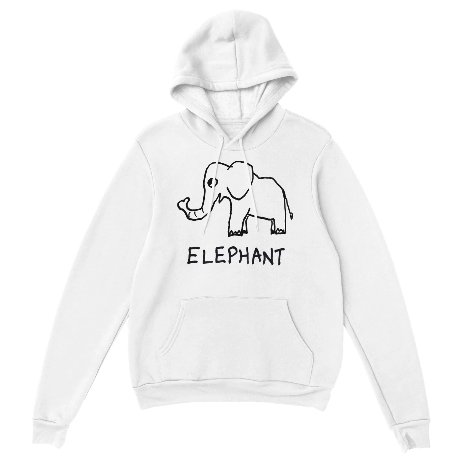 lo-fi Elephant Hoodie — hand-drawn elephant graphic on a white pullover hoodie
