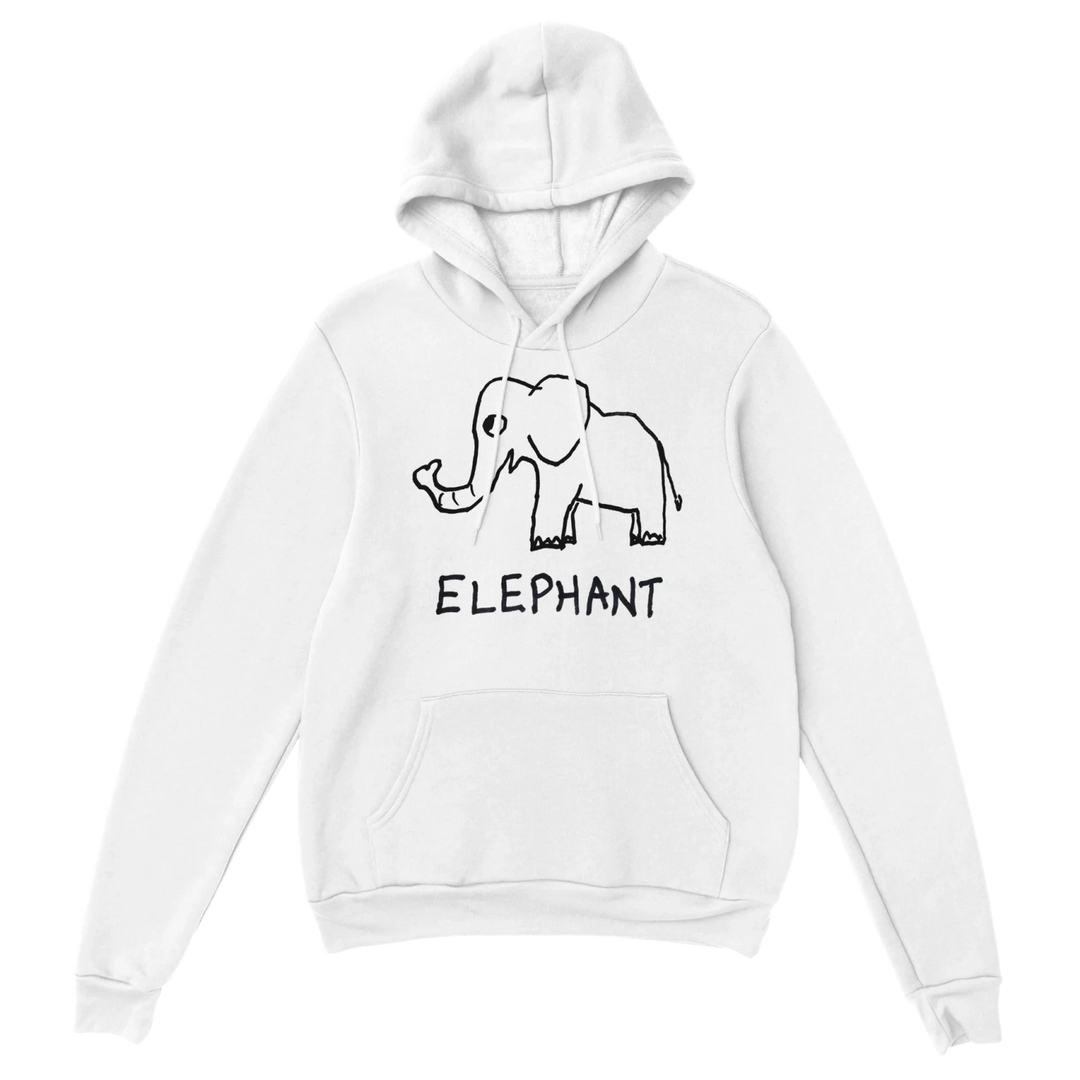 lo-fi Elephant Hoodie — hand-drawn elephant graphic on a white pullover hoodie