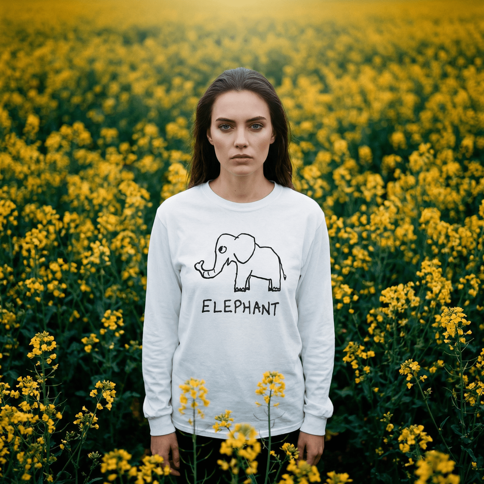 lo-fi Elephant Long Sleeve Tee — hand-drawn elephant graphic on a white long-sleeve t-shirt
