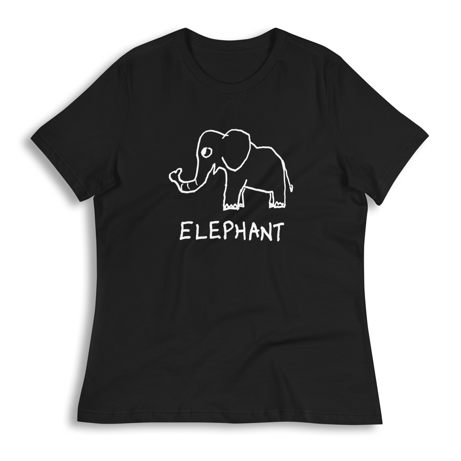 lo-fi Elephant Women's Relaxed Tee — hand-drawn elephant graphic on a black relaxed-fit t-shirt