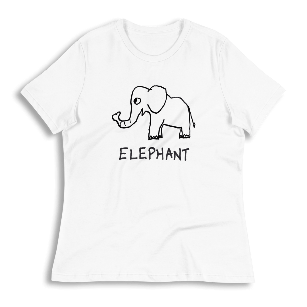 lo-fi Elephant Women's Relaxed Tee — hand-drawn elephant graphic on a white relaxed-fit t-shirt
