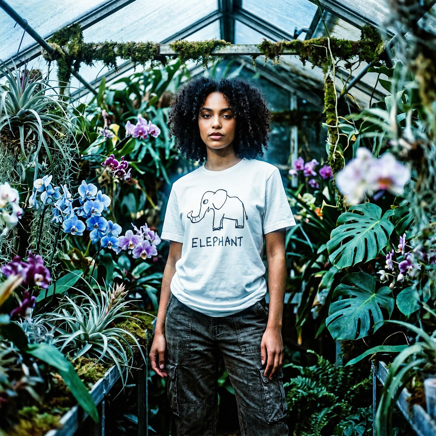 woman wearing Elephant classic tee in greenhouse setting – quirky animal graphic tee
