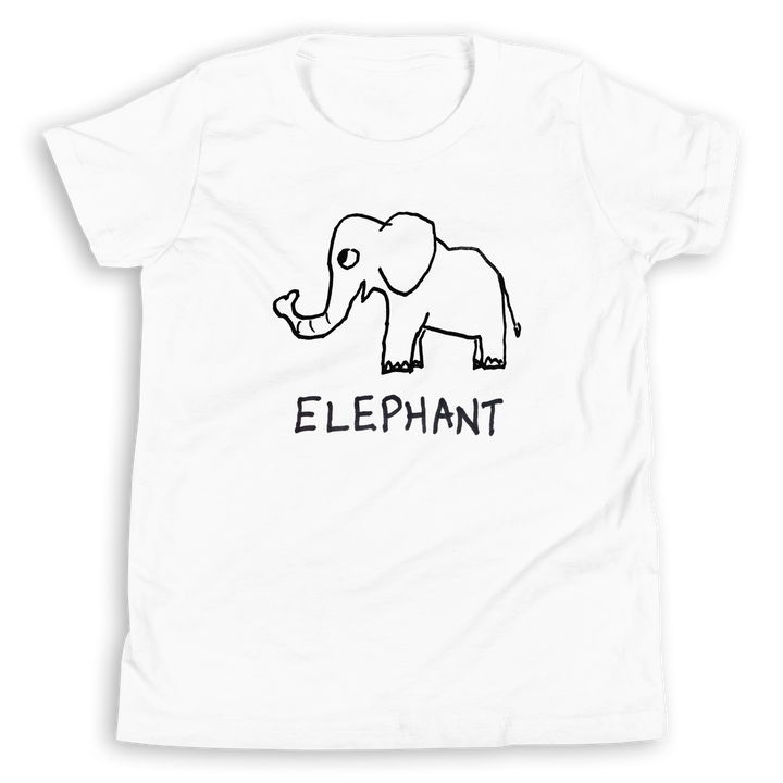 White kids t-shirt with a simple hand drawn elephant graphic and &