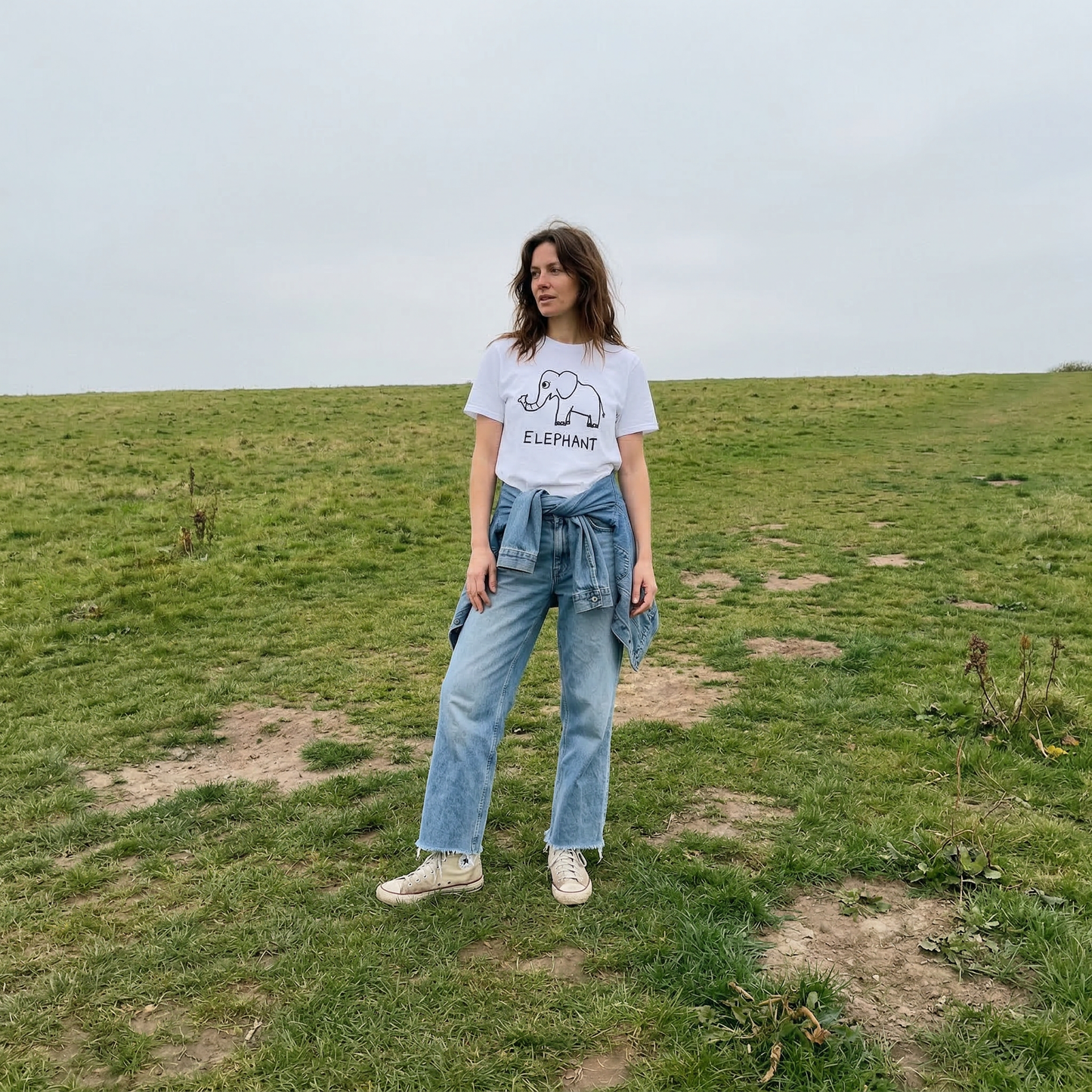 Elephant shirt worn outdoors – minimalist lofi elephant tee in natural setting