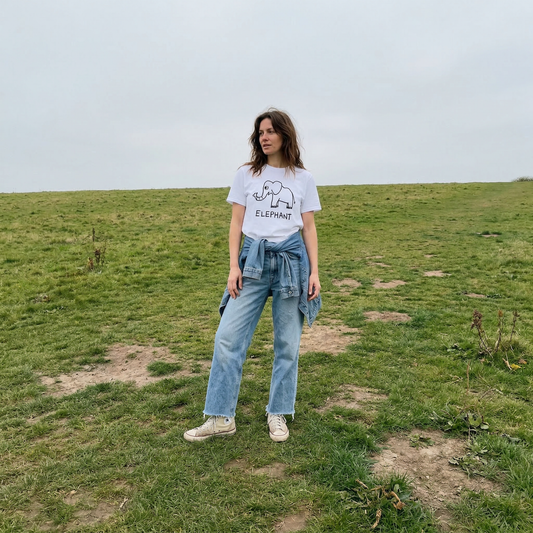 Elephant shirt worn outdoors – minimalist lofi elephant tee in natural setting