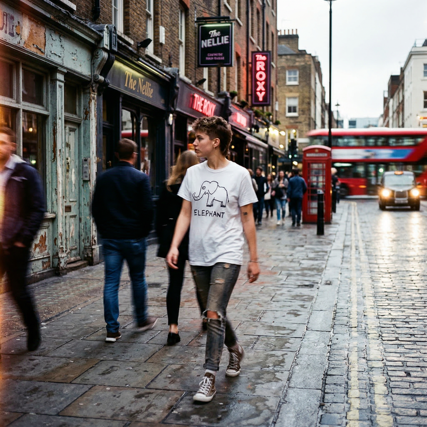Elephant graphic tee worn on city street – lofi animal shirt streetwear style