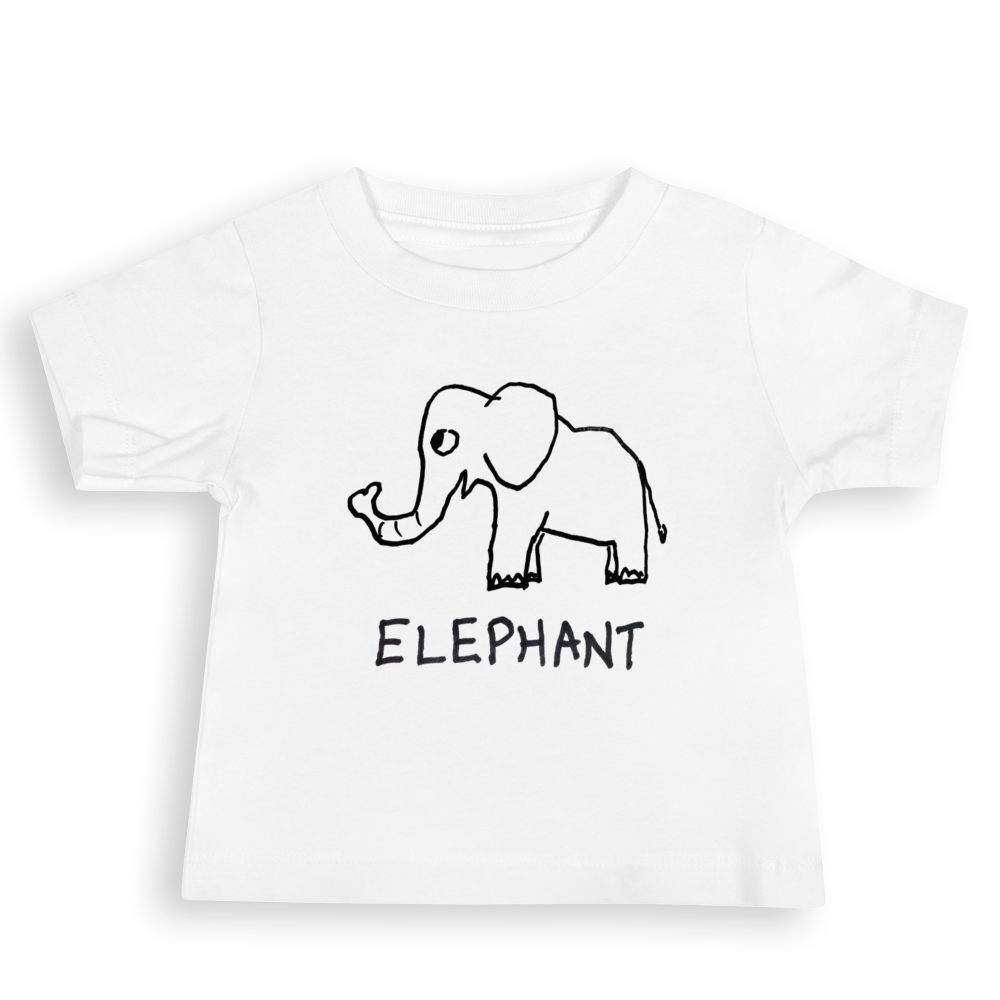 Baby Toddler t-shirt with a black elephant illustration and 'Elephant' text on a white background