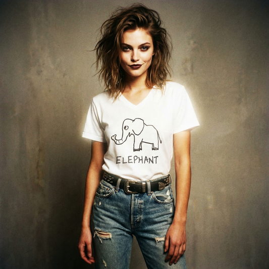 Model in elephant tee against a 90s style backdrop, shot on a disposable camera look