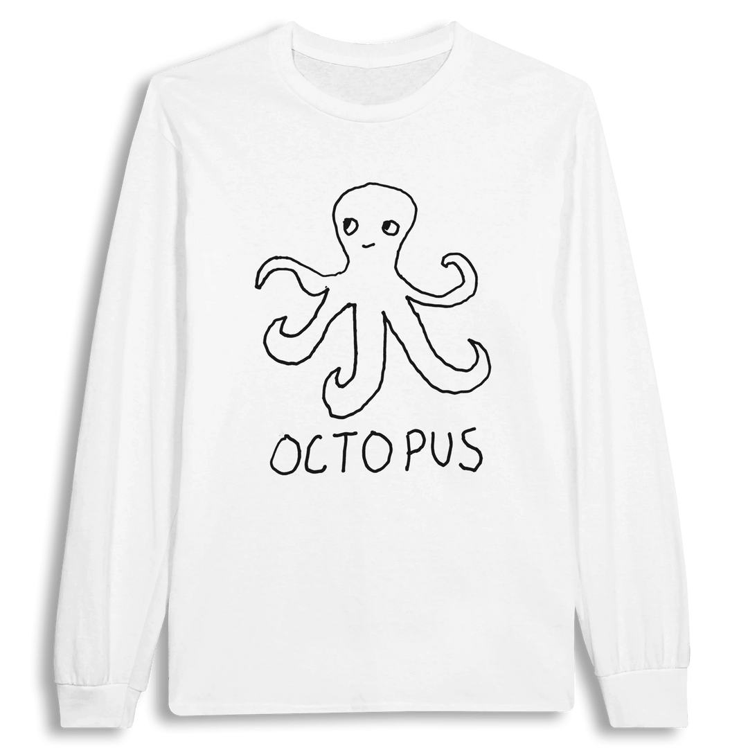lo-fi Octopus Long Sleeve Tee — hand-drawn octopus graphic on a white long-sleeve t-shirt
